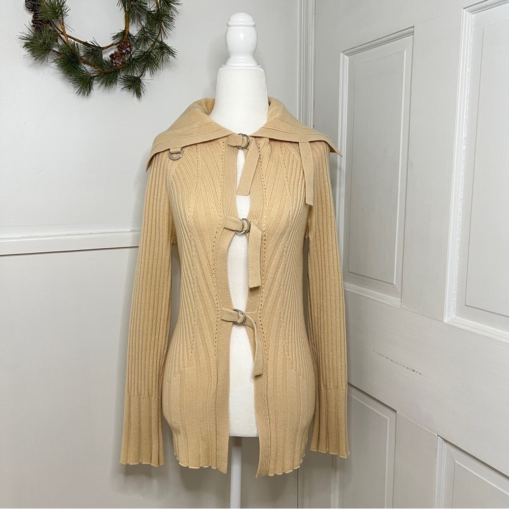 Autumn Cashmere 100% Pure Cashmere Tan Ribbed Knit Cardigan Sweater